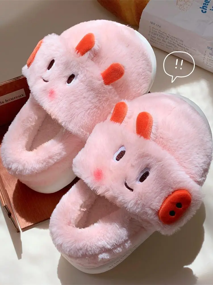 

Ins Pink And Tender Pig Cotton Slippers For Women indoor household Anti Slip Heel Cute Winter Home Slippers