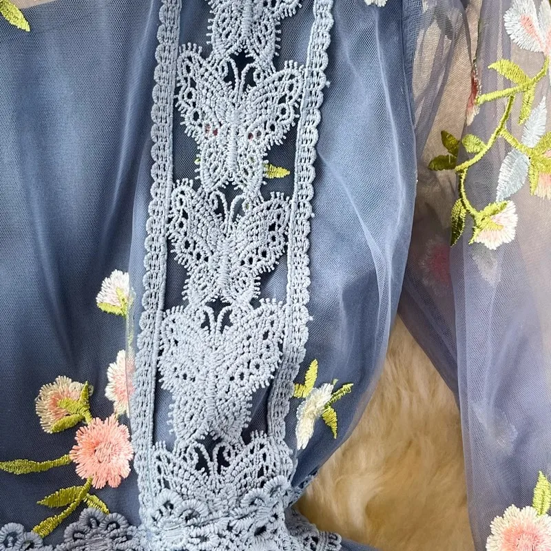 Runway Embroidered Flower Long Dress Women Stand Elegant Vintage Mesh Patchwork Lace Long Party Dresses Female Vestidos Clothes