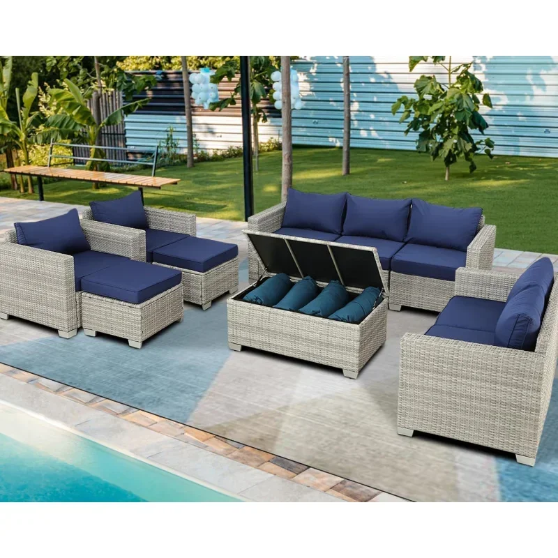 Qoutdoor PE الخوص أثاث الفناء الروطان الاقسام loveseat الأريكة مجموعة المحادثة أريكة مع صندوق تخزين لشرفة الحديقة أ