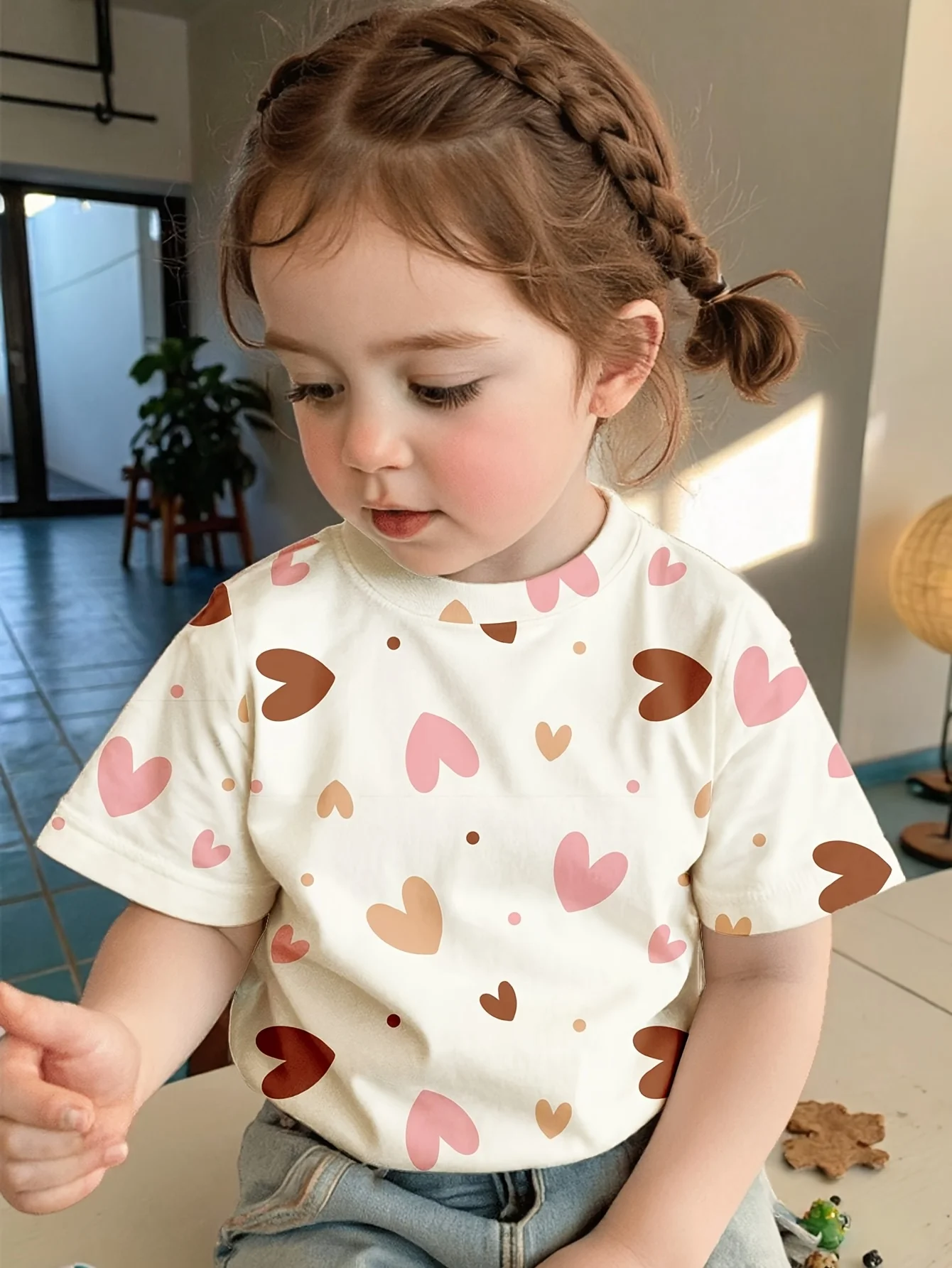 Little Girls Cute Heart Tee, Cream Allover Multi Tone Hearts Kids Summer Short Sleeve Top