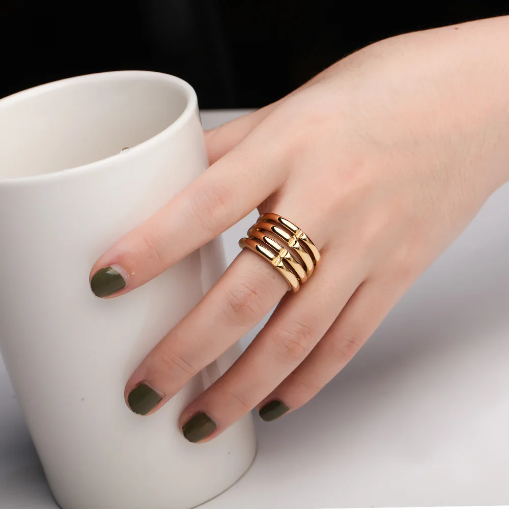 Concave Striped Wide Ring For Women's PVD 18K Plated Gold Rings Street Fashion Simple Jewerly Party Anillos Mujer Wholesale
