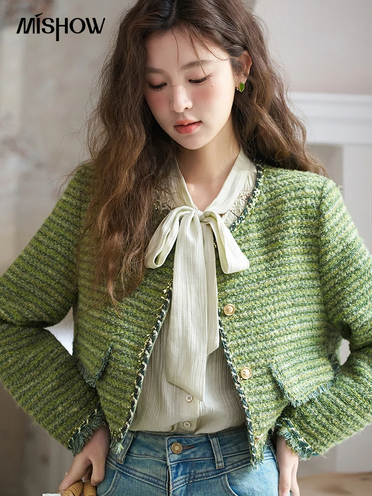 

MISHOW French Small Fragrant Short Jacket for Women 2024 Spring Round Neck Coarse Tweed Woven Tape Splicing Green Top MXD14W0363