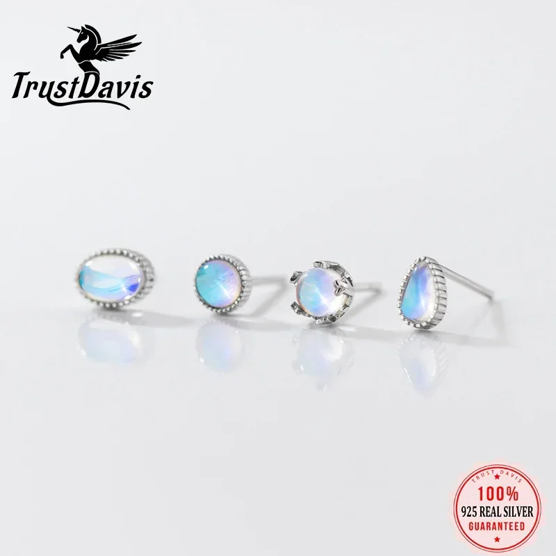 TrustDavis Girls Real 925 Sterling Silver Moon Stone Stud Earrings Mum Daughter Birthday Party Gift Jewelry  DS4367