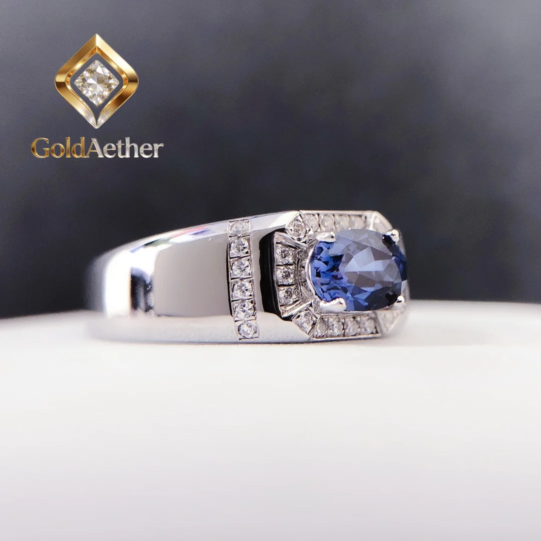 

GoldNouveau Fantastic AU585 Male Ring 1Ct Oval Cut Sapphire Engagement Ring 14K White Gold Ring for Man Wedding Anniversary Jewe