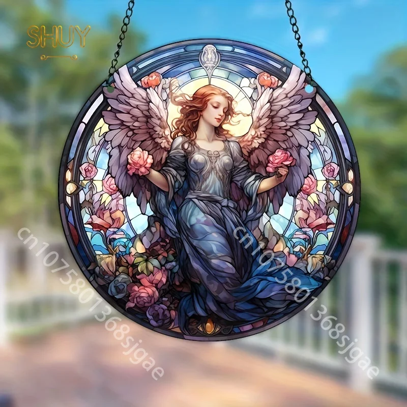 Angel Fairy Stained Window Hanging Pendant Door Round Acrylic Plaques Suncatcher for Bedroom Home Garden Wall Decor Ornaments