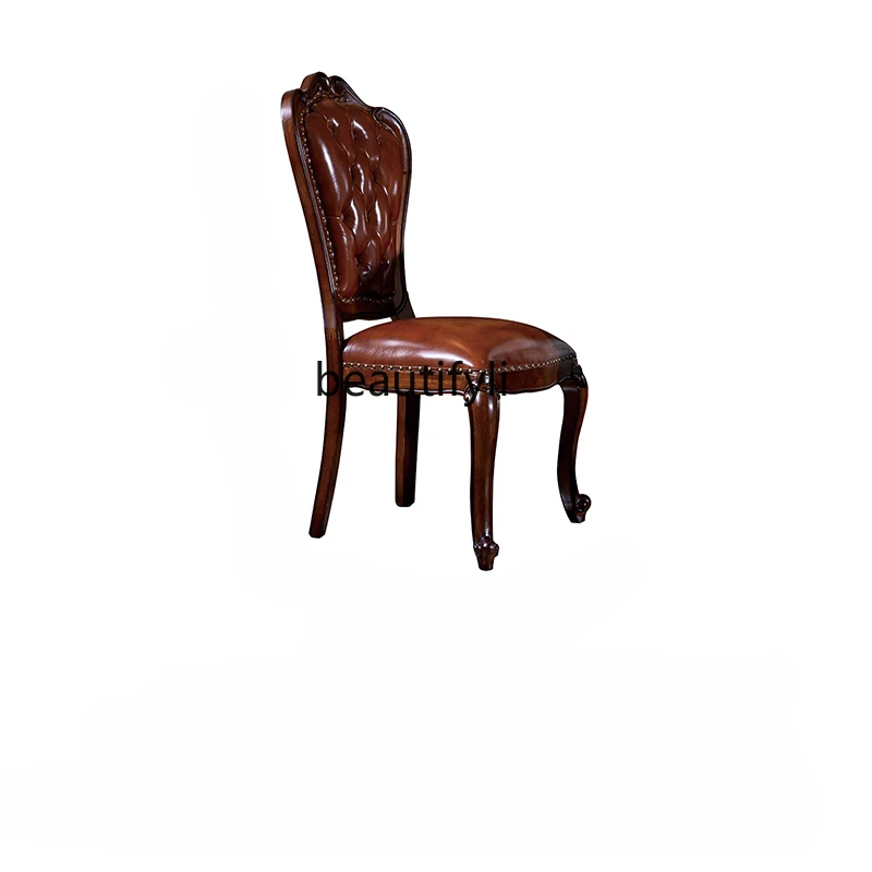 American Dining Chair Retro Style High Backrest Genuine Leather Solid Wood First Layer European Dining Chair with Carved