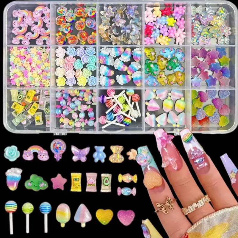 1Box Dopamine Colored Flower Rainbow Cloud Nail Charms Fudge Heart Star Candy Series Nail Art Cecorations Accessories DIY Nails