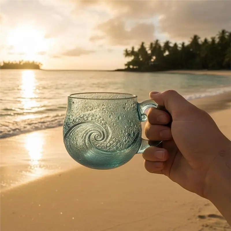 Gelas ABZV-Wave 12Oz, Gelas Bergelombang Bertekstur Idiografis Bertema Pecinta Pantai