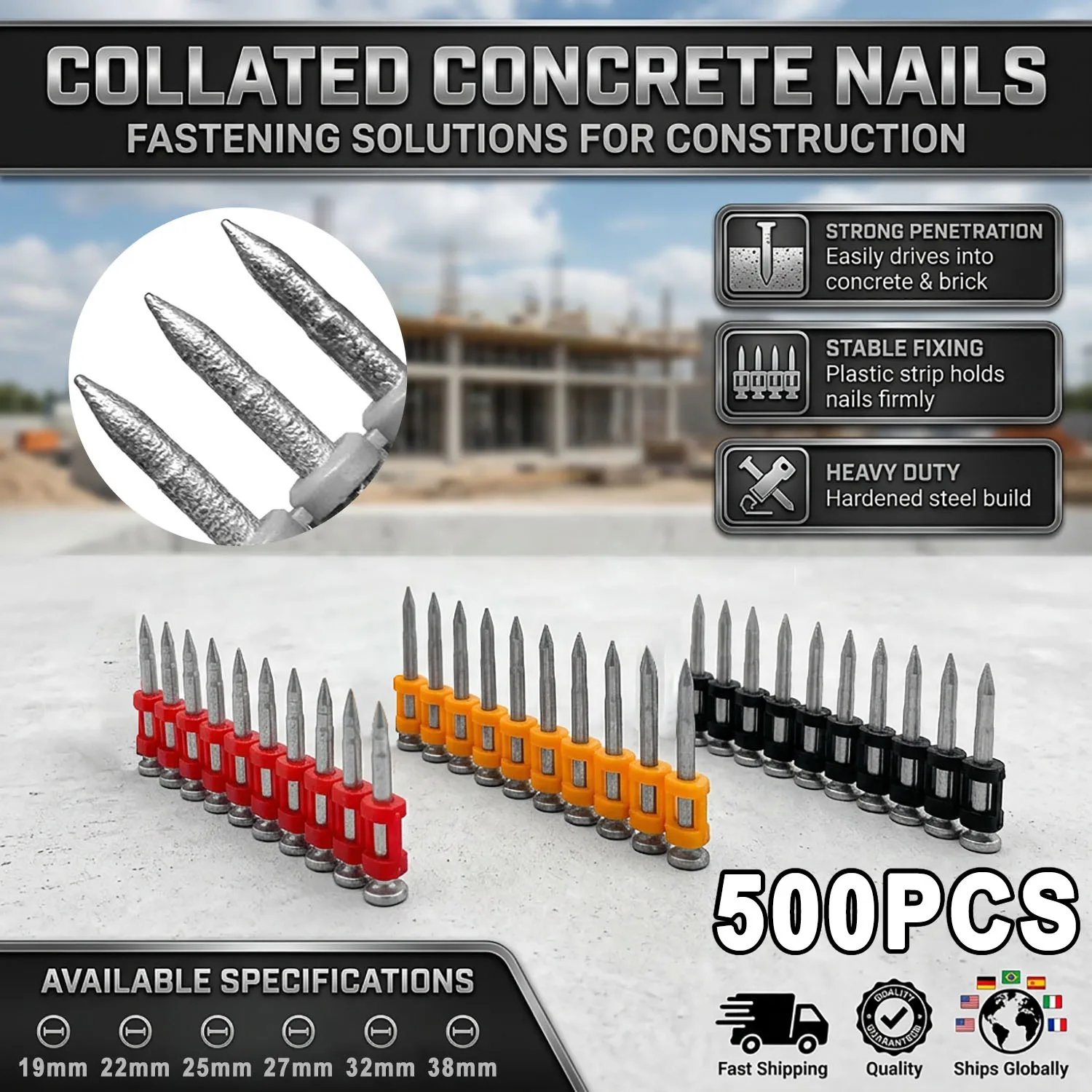 3.0mm Steel Drive Nails Concrete Fastening Pins 500PCS Plastic Collated Strip 19-38mm For Nail Gun Tool Use