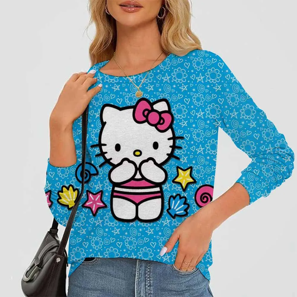 Hello Kitty print Women's Summer Spring Long Sleeve T-Shirt Top Cartoon 2024 New Kuromi Printed Round Neck Sweatshirt Girls Gift