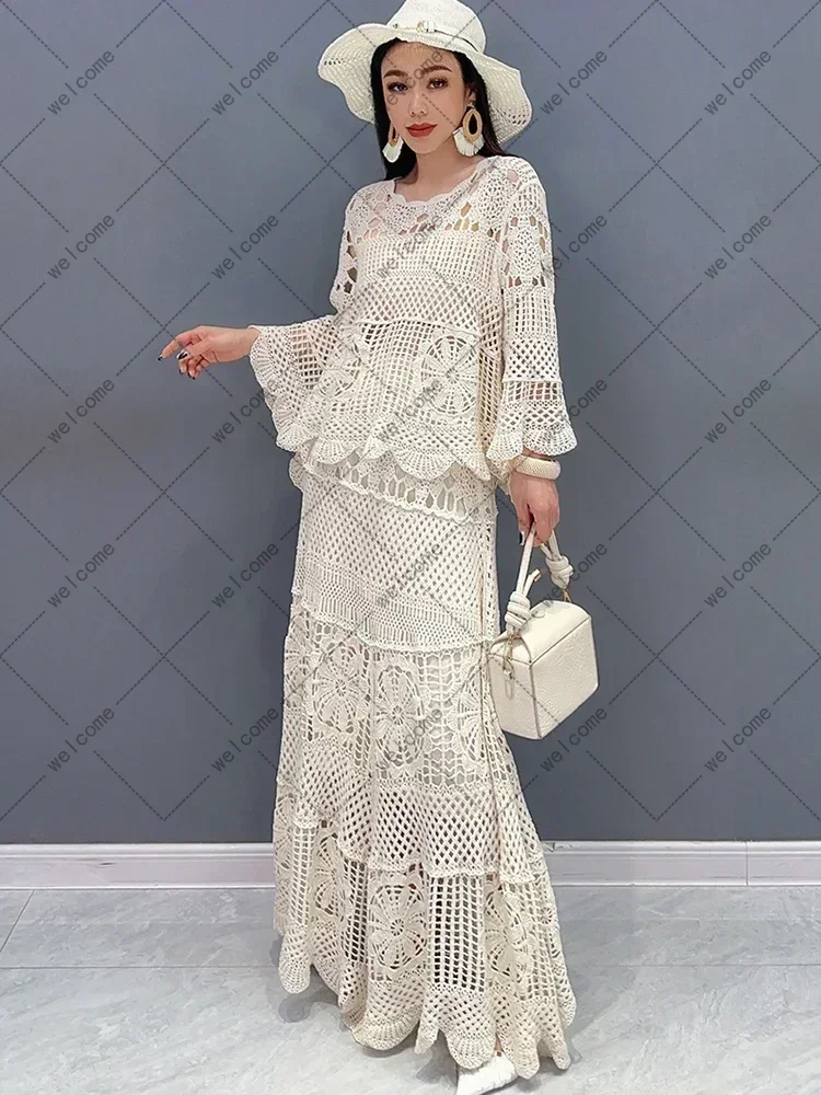 

New Lace Set With Hollow Top Swing Long Skirt 2 Piece Set Fashionable Elegant Lady 2024 Spring Summer Clothes