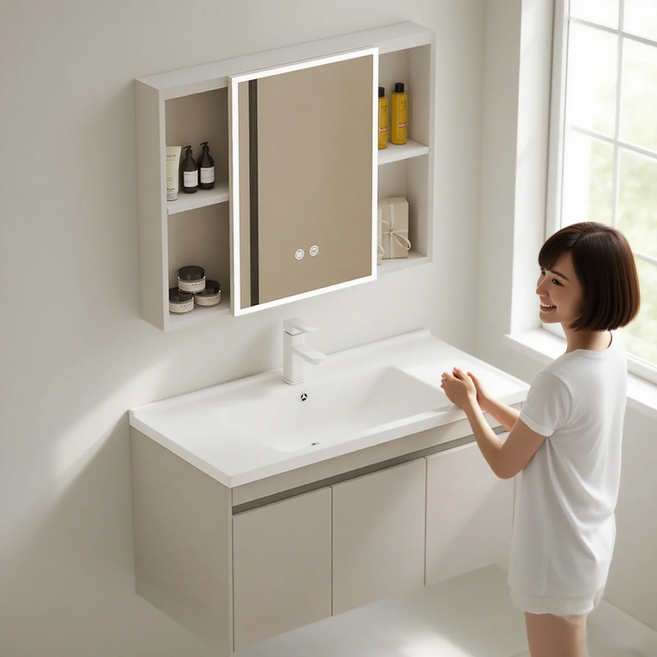 

Hot Sell Wall Mounted Floating Bathroom Vanity Cabinet Set Smart LED Mirror Large Storage for Hotel Smart Mirror Cabinet