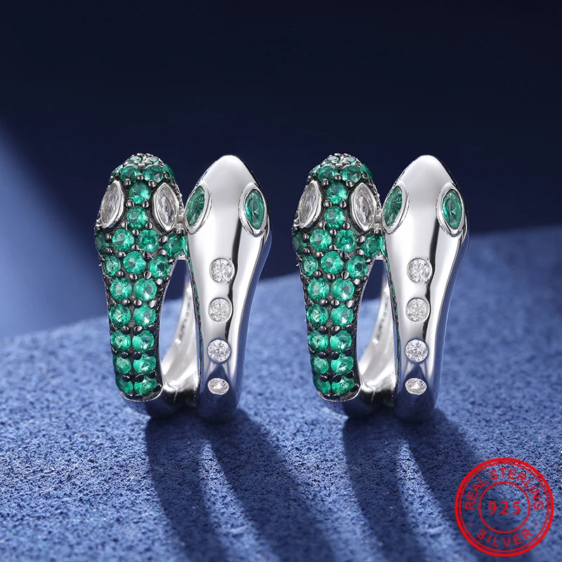 

Original 925 Sterling Silver Green White Snake Hoop Earrings for Women Men Fine Cartilage Ear Cubic Zirconia Party Jewelry Gift