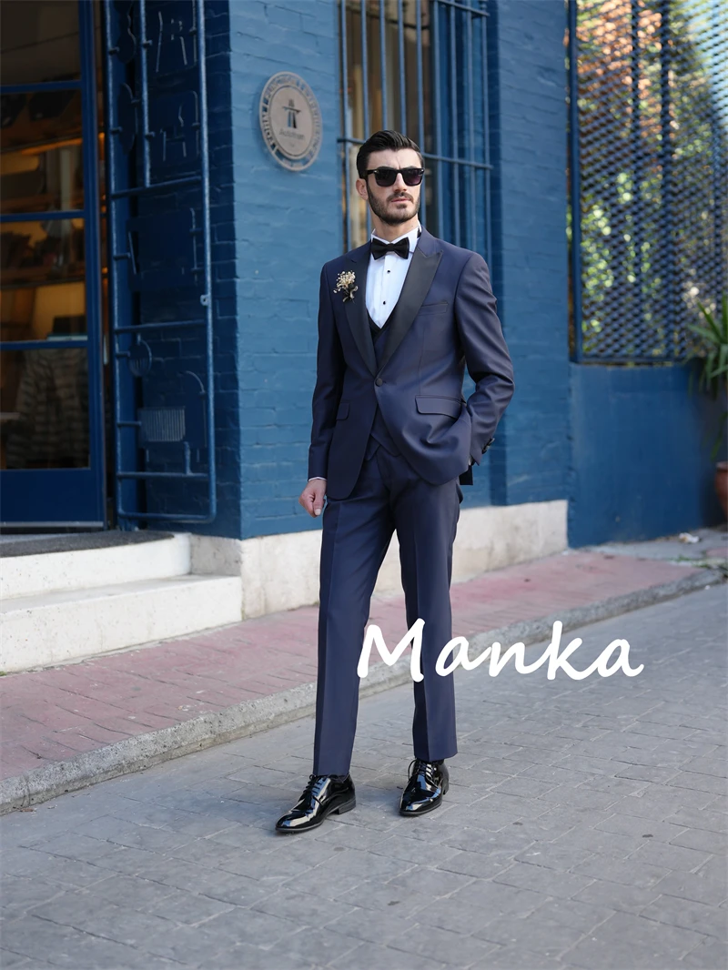 Navy Blue Mens Tuxedo Groom Suit Swallow Collar Italian Style Slim Fit Jacket Vest Trousers Formal Business Office Men's Suits