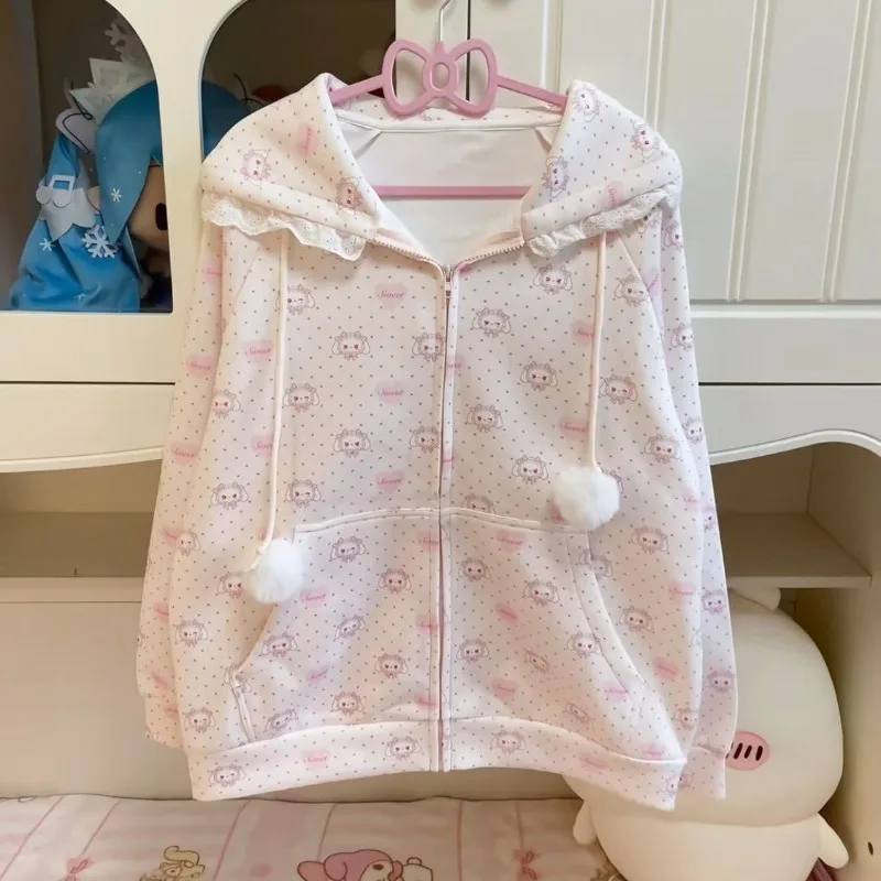 Japanese Subculture Sweet Kawaii Lace Hooded Sweatshirt Spring Girls Cute Sweet Zipper Hoodie Lolita Loose Jacket Y2k Clothes view 2
