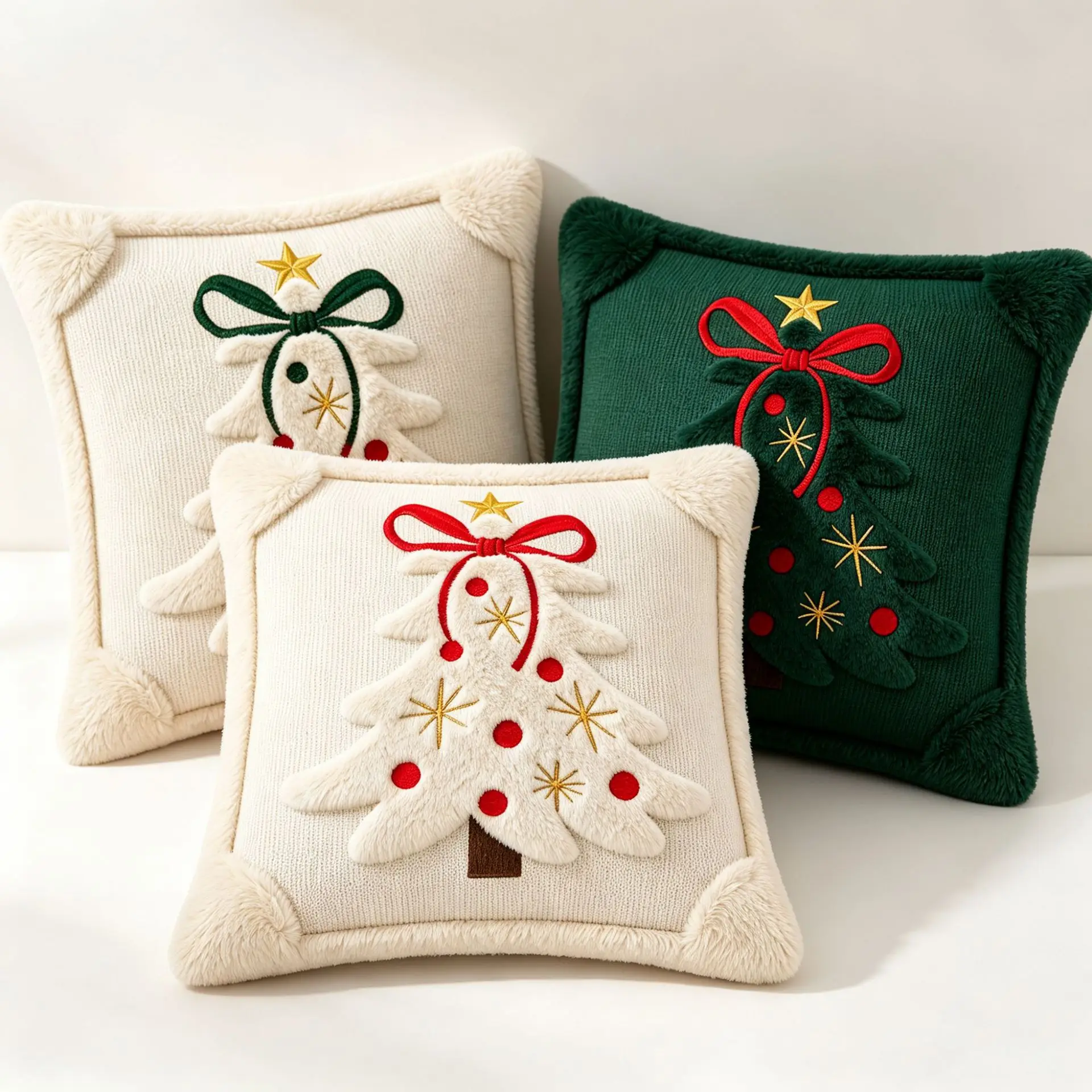 3D Embroidered Plush Pillow Cover, Christmas Throw Pillow Cover, Christmas Tree Pillowcase, Festive Sofa Decor Cushion