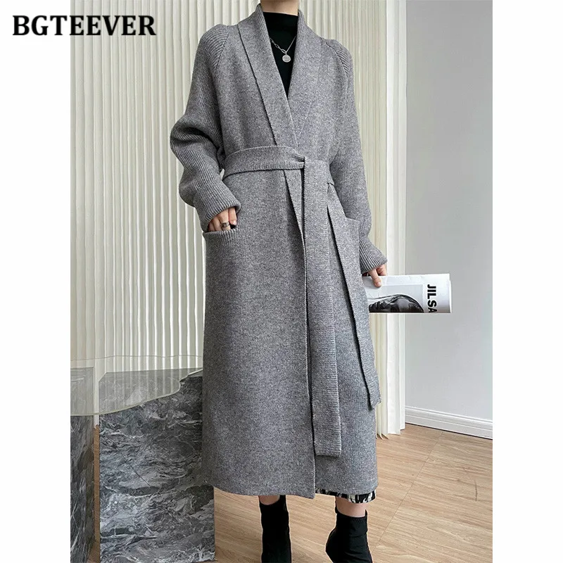 BGTEEVER Stylish Thicken Ladies Cashmere Warm Sweaters Overcoats Lace-up Female Long Knitted Cardigans Autumn Winter