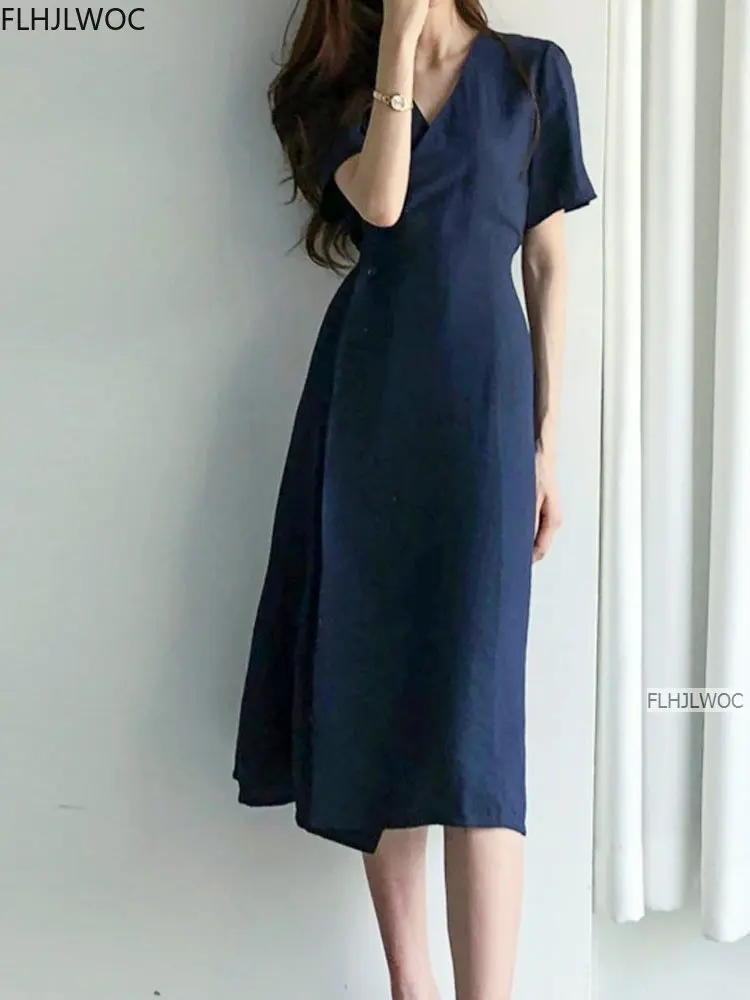 South Korea chic Midi Dress Women Summer Japan Style Retro Vintage Design Solid Button Shirt Dress Cotton Linen Flhjlwoc Vestido