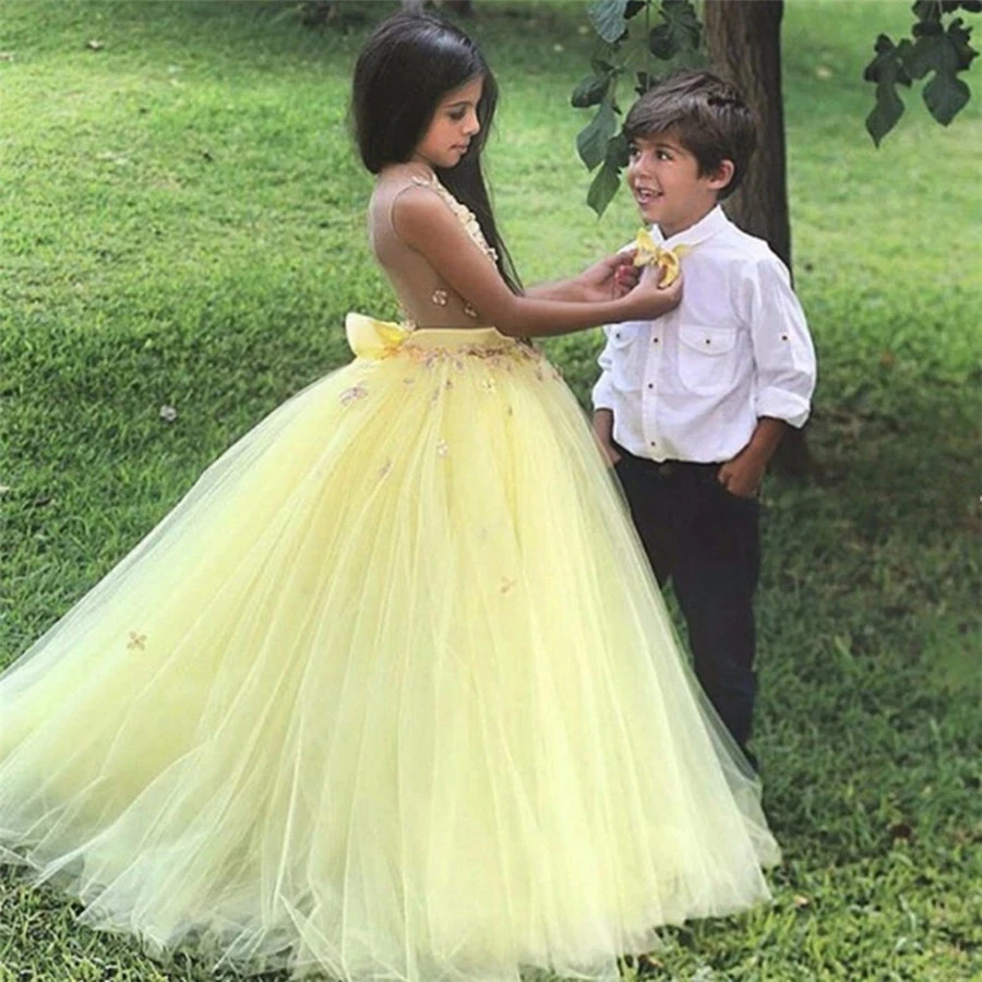 

Elegant Yellow Flower Girl Dresses Sleeveless Applique Ball Gown Kids Evening Prom Dresses Girls Fluffy Tulle Pageant Gown