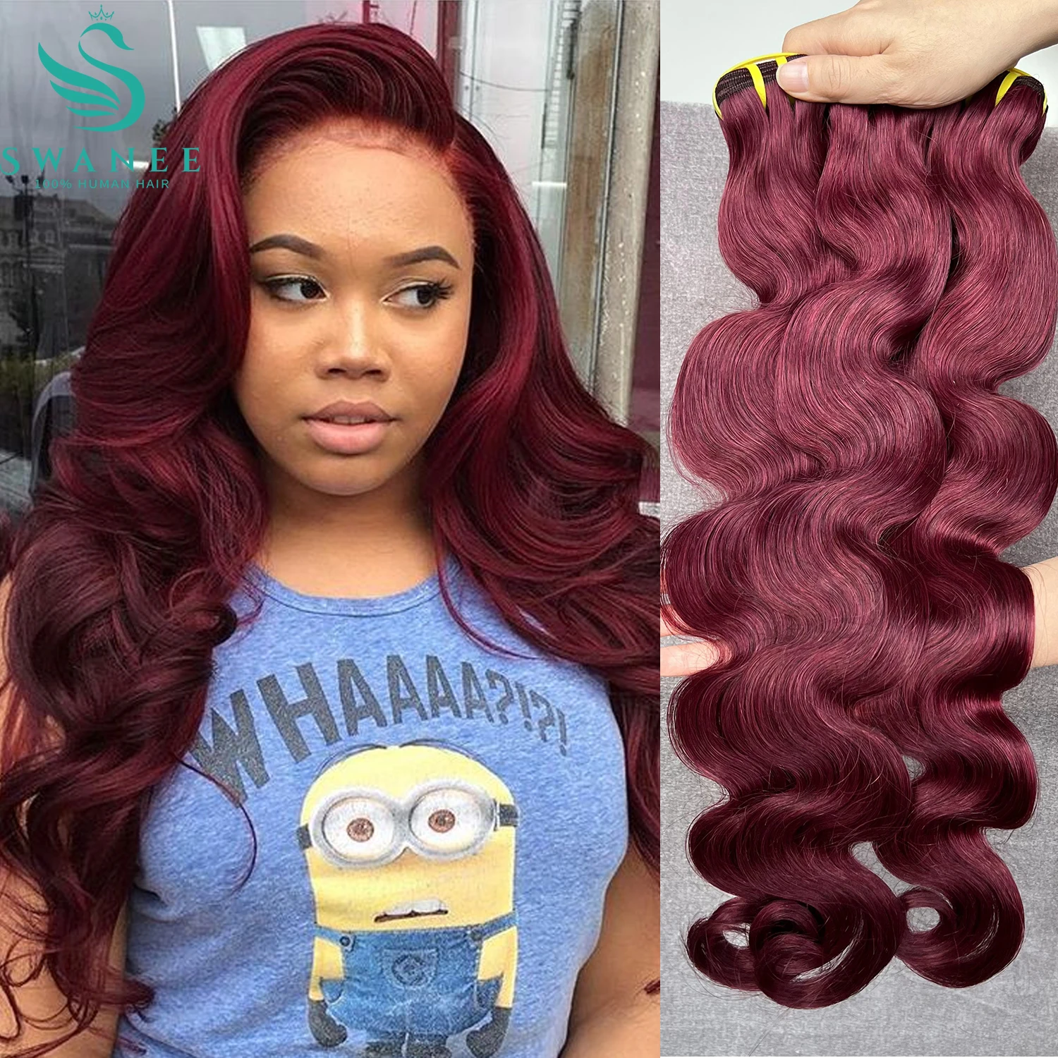 SWANEE Body Wave Human Hair Bundles Vietnamese Hair Weave Bundles Wine Red #99J 100% Human Hair Cosplay for Women Hair Extension