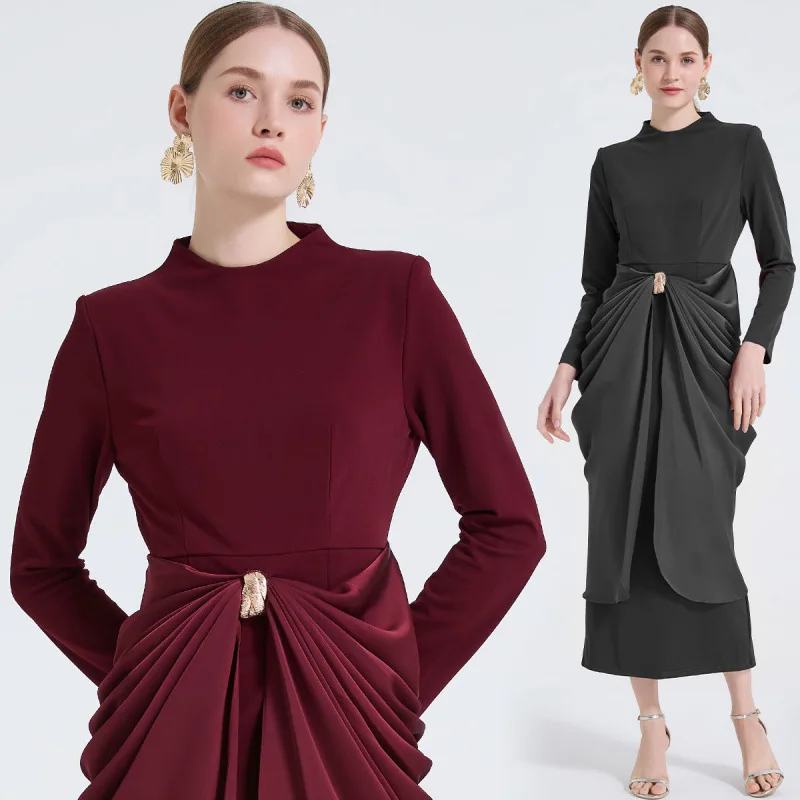 

Ele High Waist Slim Fit Dr with Metal Bule Decoration Advanced Design Sense Waist Pleats Long Dr