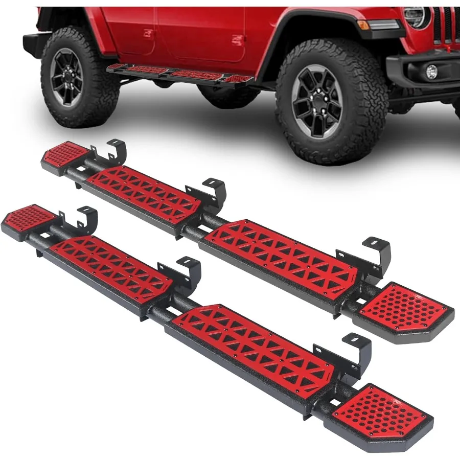 บันไดข้างรถยนต์สำหรับ Jeep Wrangler JL ปี 2018-2023 2024 2025 2026 บันไดข้างสำหรับ JL 4 ประตู แผงสีแดง 7 นิ้ว บันไดข้างกันกระแทก
