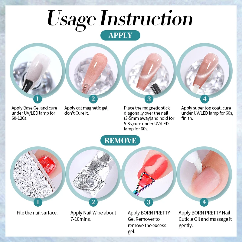 BORN PRETTY 6 개/대 블루 글리터 고양이 마그네틱 젤 매니큐어 여름 크리스탈 스파클링 세미 퍼머넌트 UV LED 바니시 흡수