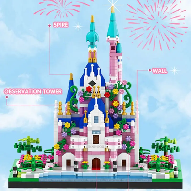 Princess Castle Building Blocks Model Set Pink Blue Church City Classic Cartoon Bricks Construction Toys Adult Home Decorations