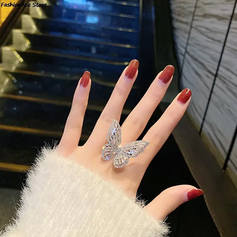 Zircon Butterfly Ring Gem Stone Opening Exaggerated Big Knuckle Rings for Women Charming Wedding Party Jewelry Gift image 3