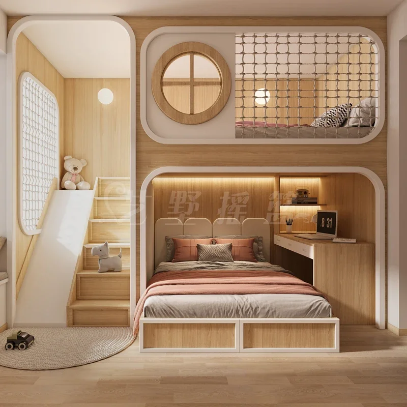 

Custom Duplex 2nd Floor Castle Tree House Bed Staggered Bunk Kids Slide Upper Lower Desk Cabinet