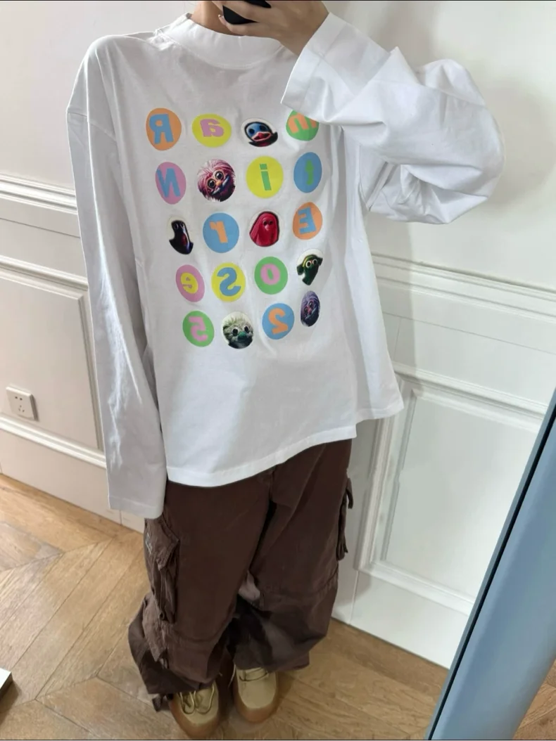 

Футболка с длинным рукавом и круглым вырезом e Rose Cute Cartoon Monster Stier, с забавным принтом, из хлопка, для мужчин и женщин