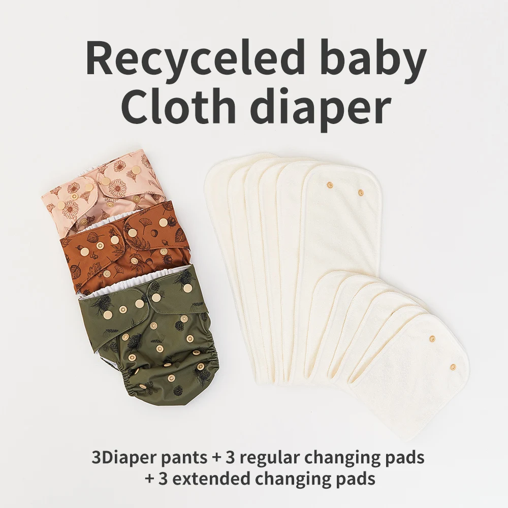 Elinfant New Recycled Fabric 3PCS Set Suede Cloth Baby Cloth Diaper With 6PCS Bamboo Terry Absorbents Cloth Diaper