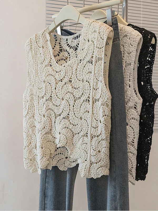 Women's Hooked Hollow Knitted Vest Top Summer New Style plus Size Sleeveless Outerwear round Neck Casual Comfortable Tank Top