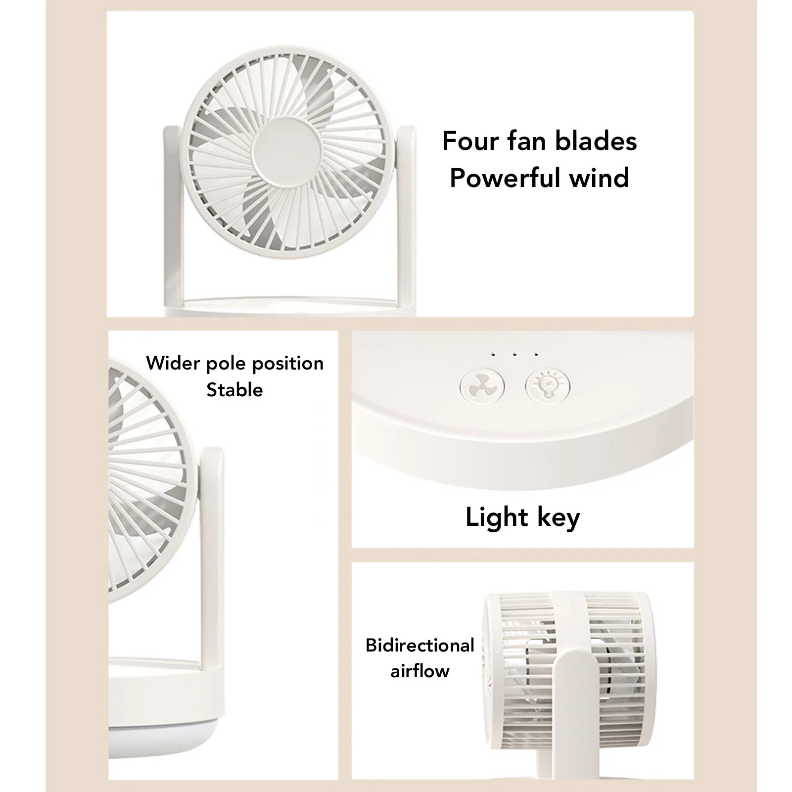 مروحة مكتب 3 سرعات قابلة للتعديل وقابلة لإعادة الشحن لسطح المكتب تتأرجح مع ضوء ليلي لغرفة النوم المنزلية باللون البيج والأسود