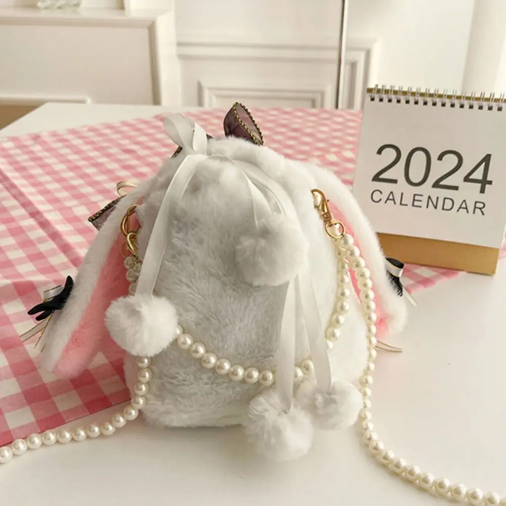 New Cute Bunny Plush Bag Lolita Element Shoulder Bag Kawaii Princess Sweet Pearl Chain Crossbody Bags Long-eared Rabbit Purse