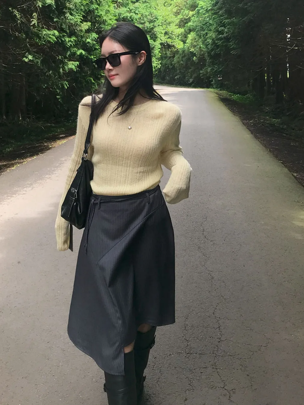 

Корейская юбка Faion f, женская юбка-миди трапециевидной формы с высокой талией, полосатые асимметричные юбки с поясом, весна-осень