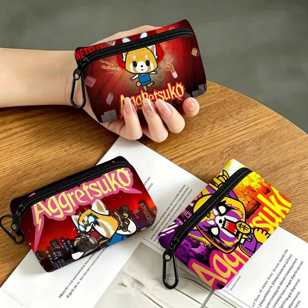 A-Aggretsuko Furious-Cute Portable Oxford Fabric Mini Wallet Carabiner Design Small Coin Bag For Cards Keys Earphones