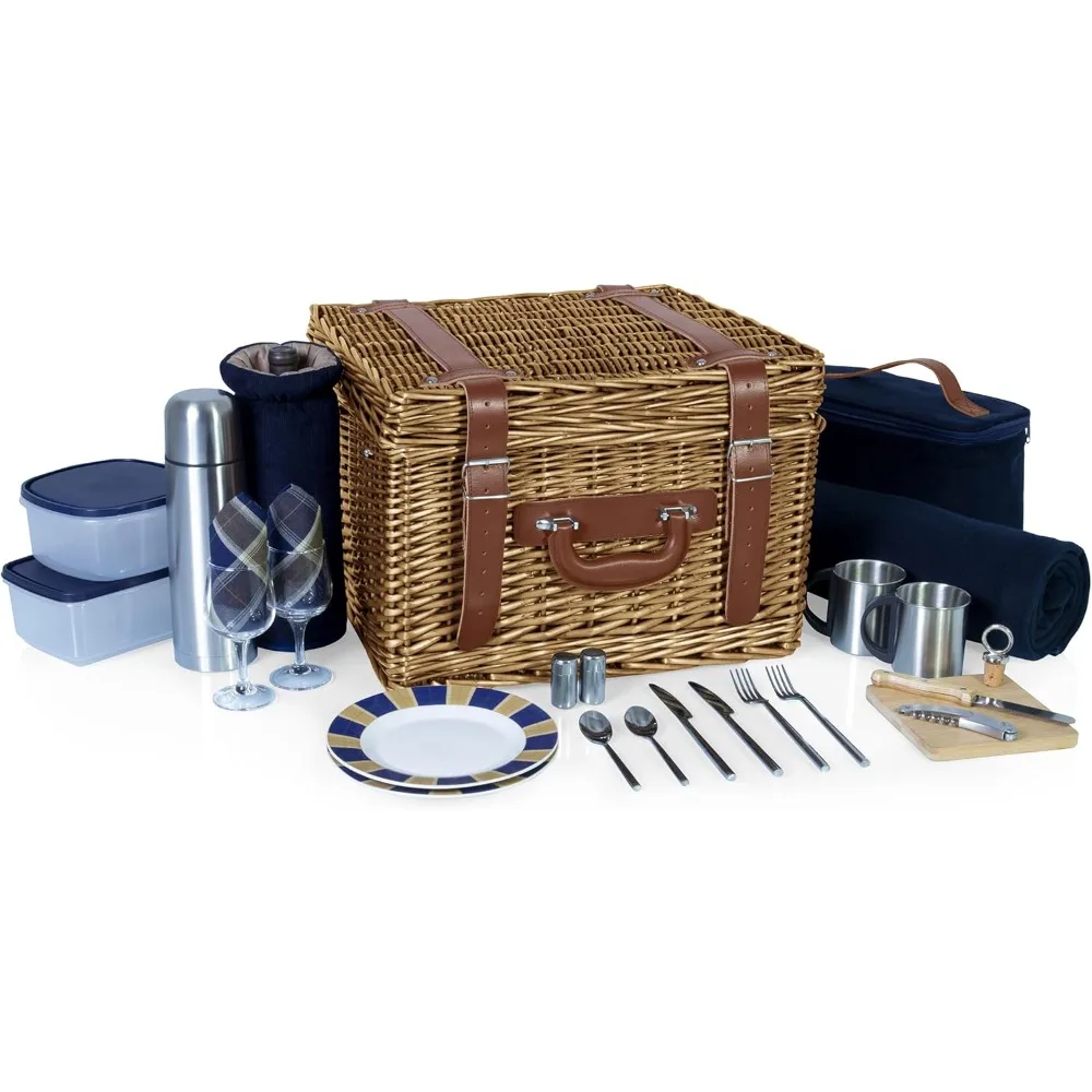 Romantic Canterbury Deluxe Wicker Picnic Basket Set for 2, with Blanket and Soft Cooler, One Size, Navy with Plaid