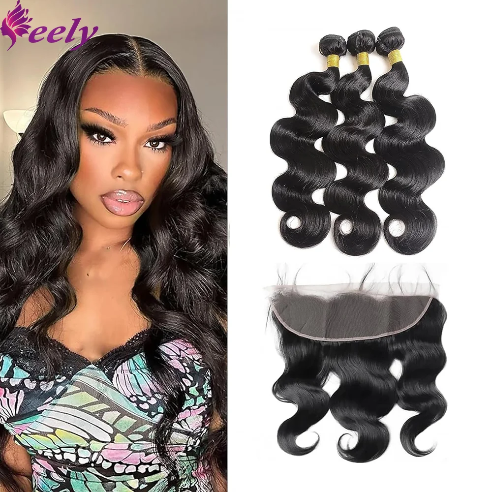 

Body Wave Human Hair Bundles Natural Black Extensions Frontal 13x4 HD Lace Unprocessed Brazilian Human Hair Bundles With Closure