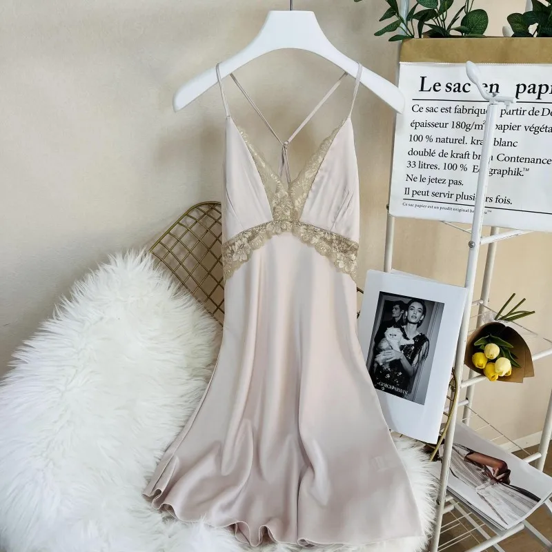 Lace Chemise Nightgown Sexy Spaghetti Strap Nightdress Nightwear Women Summer Silky Satin Sleepwear Sleepshirt Home Dress