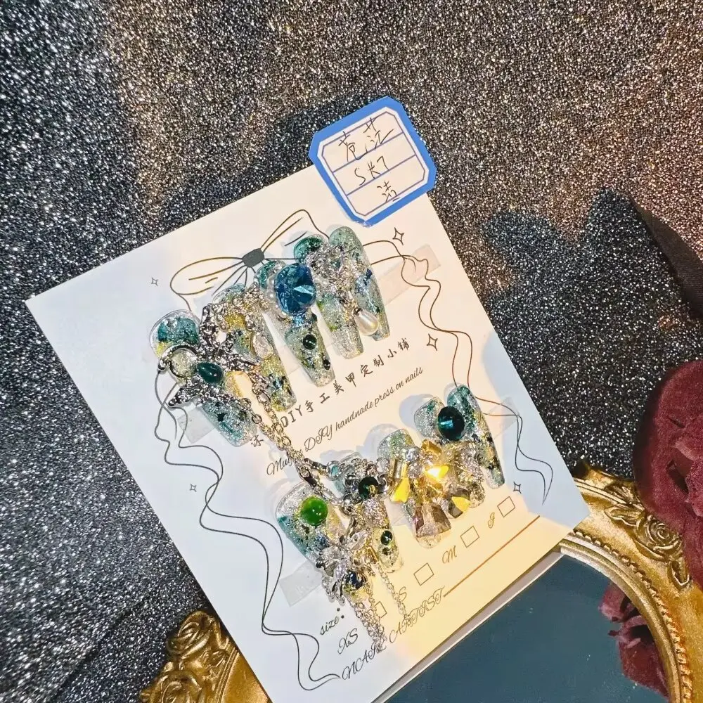 

Набор накладных ногтей Deep Sea Secret: очень длинные, в форме ковчега, с 3D-цепочками, стразами, сине-зелеными и золотыми блестками, для создания эффектного маникюра