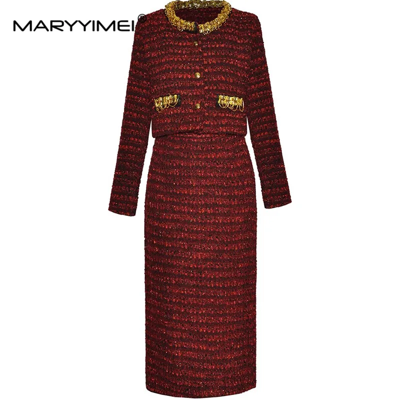 MARYYIMEI Autumn and Winter Women's Commuter Suit Round neck Beading Short Coat Tops+Slim Pencil Skirt 2 piece set