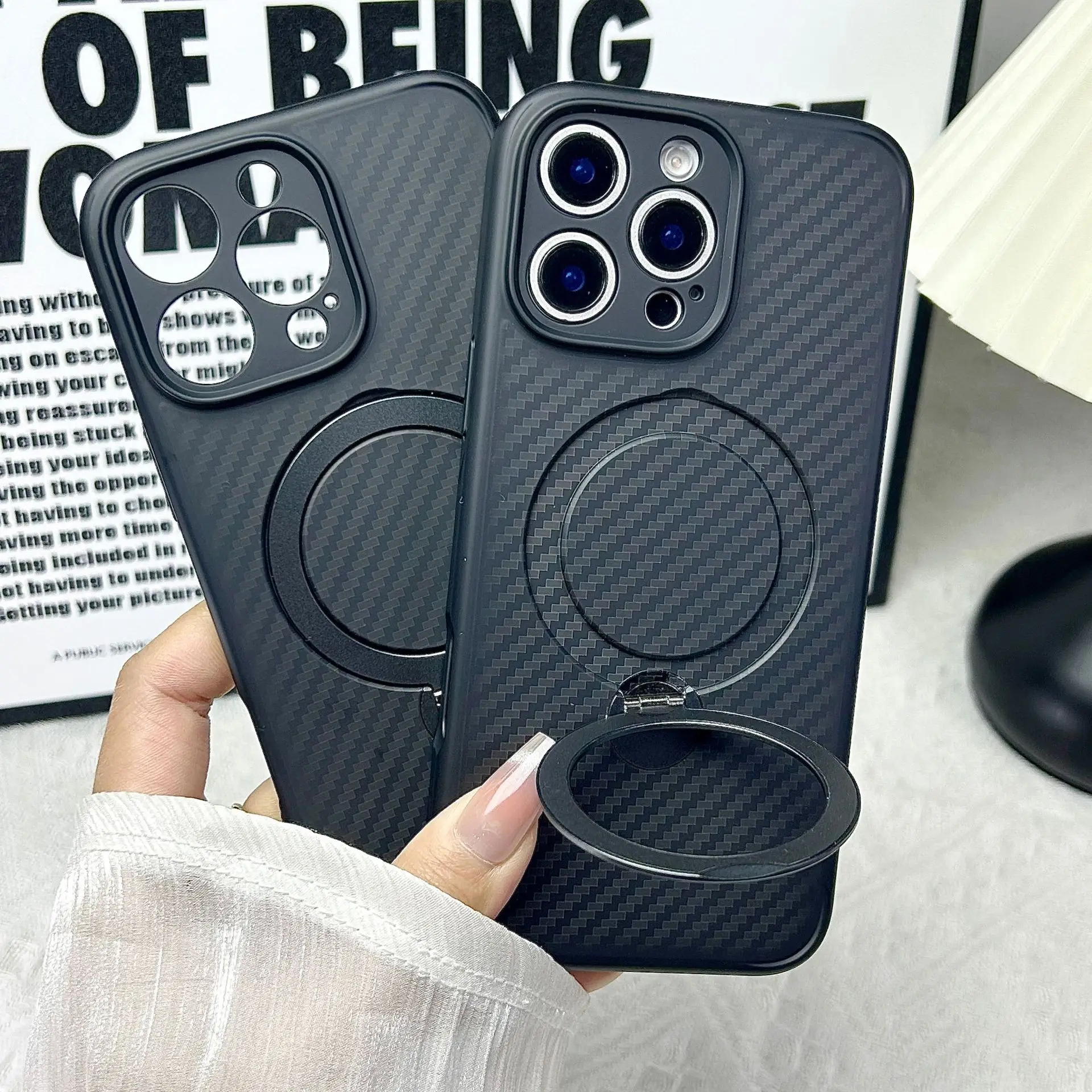 

Carbon Fiber Style Case For iPhone 16 15 14 13 12 11 Pro Max Plus Strong Magnet 360° Rotation Invisible Metal Kickstand Cover