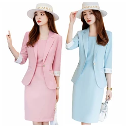 Korean Spring Summer Dress Suits Women Fashion Two Piece Set Outfits Blazer Top Office Ladies Formal OL Work Professional Wear