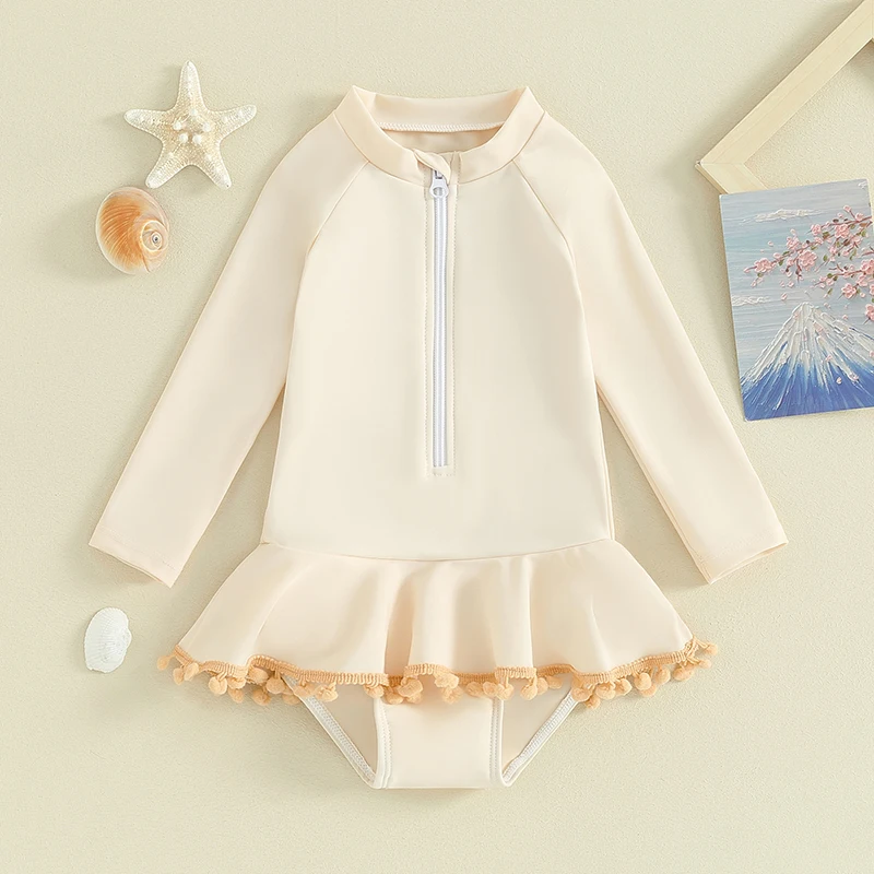 

1-6T Baby Girl Swimsuit Summer Solid Color Zippered Long Sleeved Jumpsuit For Children Beachwear Solid Color Lace Bikini