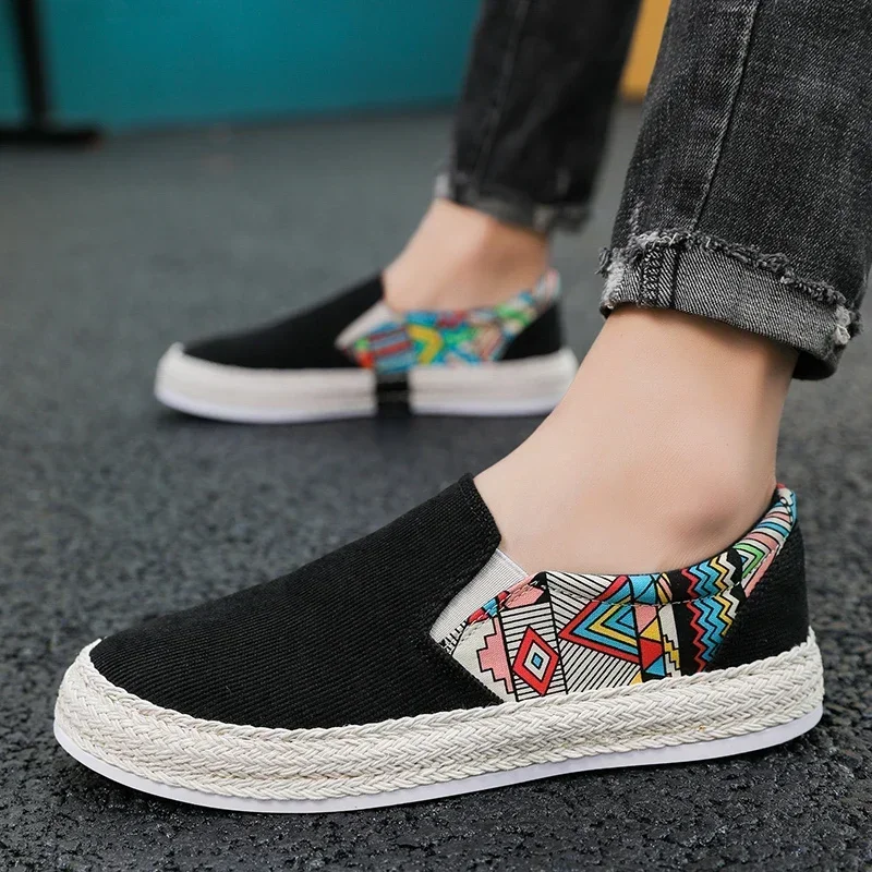 New Classic White Men\'s Fisherman Loafers Fashion Print Canvas Shoes Man Flats Espadrilles Breathable Male Summer Footwear