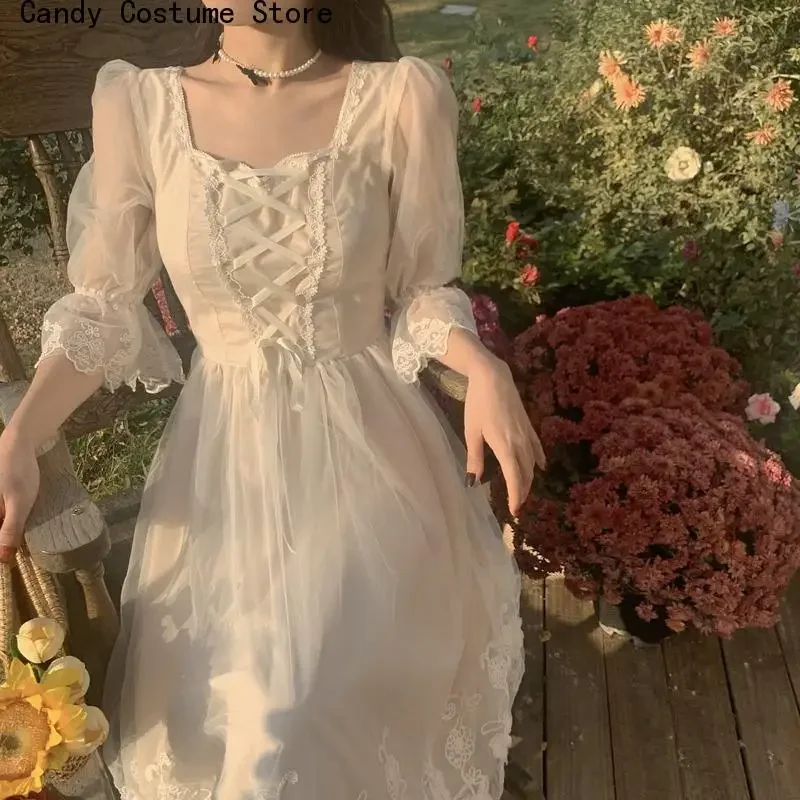 

Women's Korean Wedding Victorian Dress, French Vintage Midi Dress, Female Lace, Elegant Princess , Fairy Dress, Spring Casual