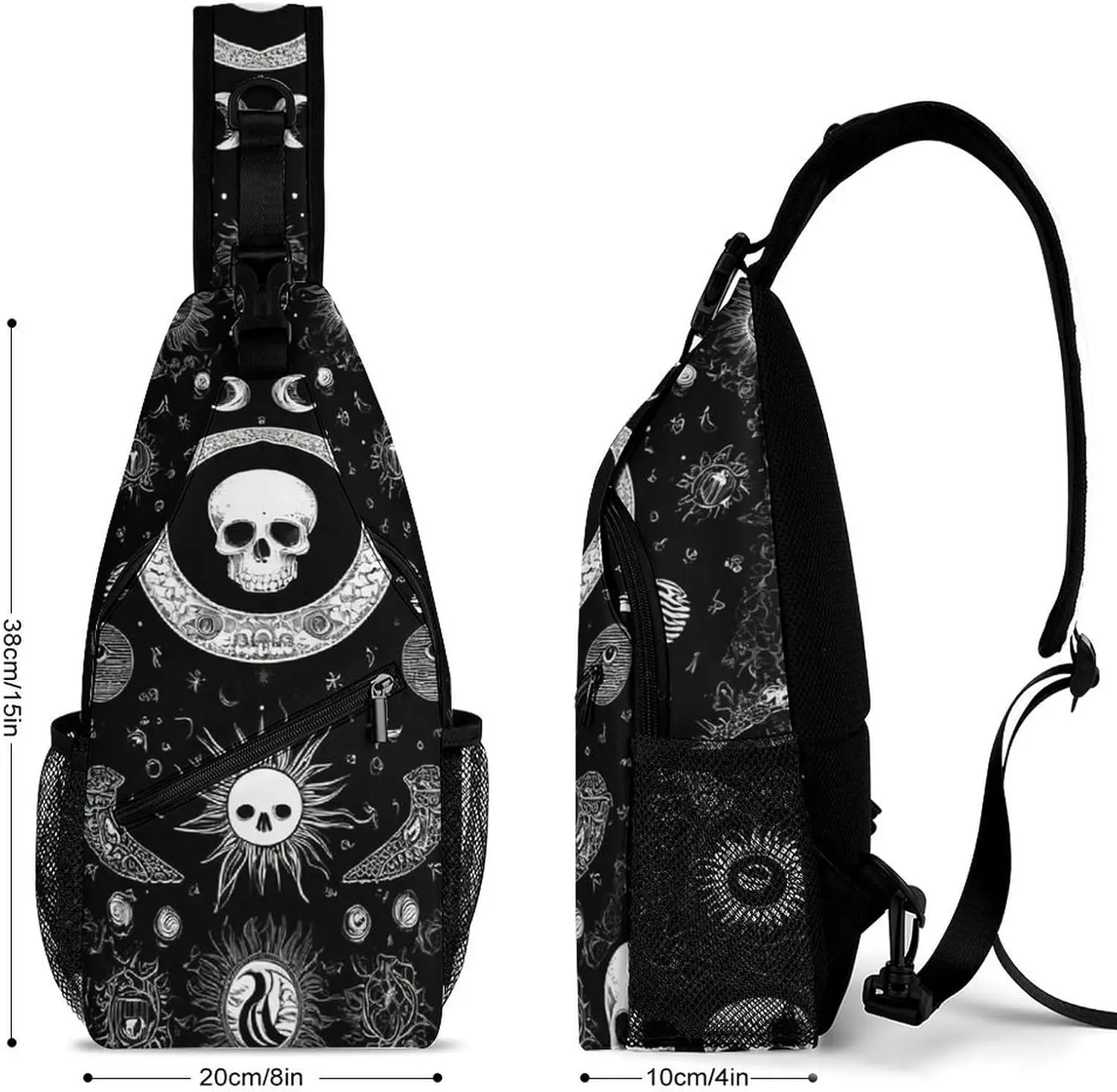 Womens Sling Bag with Adjustable Strap Cute Halloween Goth Gothic Raven Crow Skull Sun Moon Tattoos Reusable Lightweight
