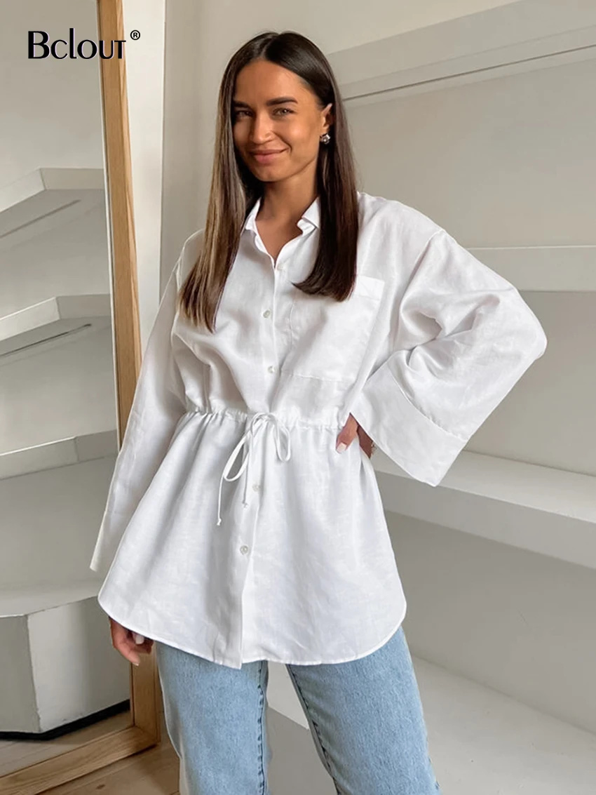 Bclout Elegant Cotton White Shirts Blouses Female Fashion Thin Lace-Up Loose Tops Shirts Casual Pockets Party Blouses Women 2024