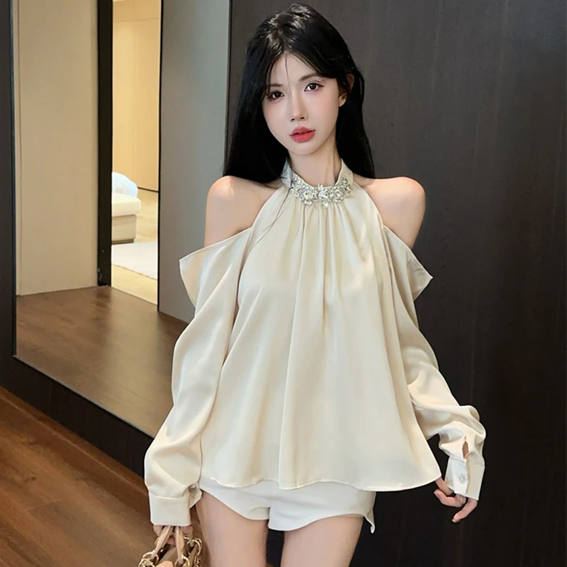 Korea Autumn Women Diamonds Stand Collor Chiffon Loose Blouse Spring Fashion Off Shoulder Long-sleeved Casual Chic Shirt Tops